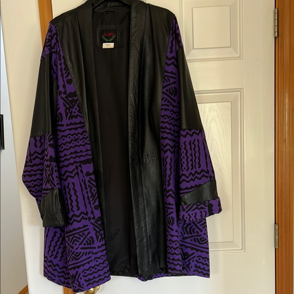 Stylish Purple and Black Women Jacket fabric 
Leather open coat stylish pockets